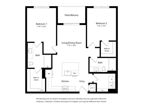 Floor plan for 2 beds, 2 baths, 1073 sqft